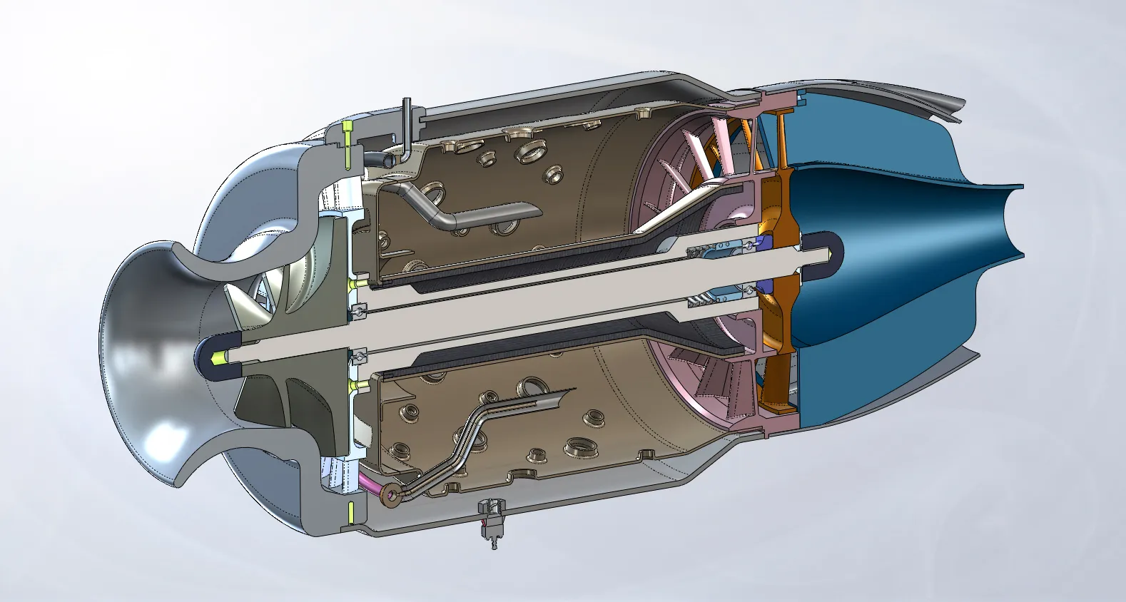 Cutaway render of the turbojet showing the intake, compressor, combustion chamber, shaft, turbine and exhaust nozzle