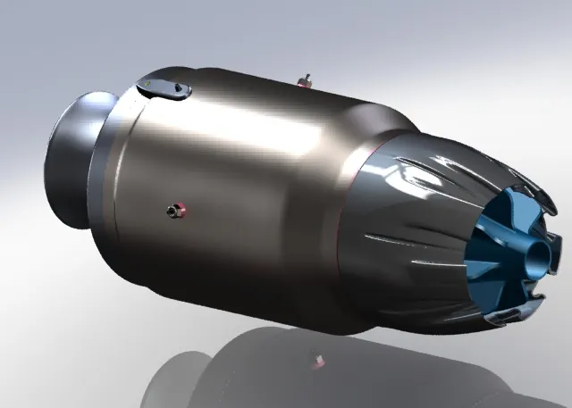Exterior render of the turbojet engine from the exhaust end