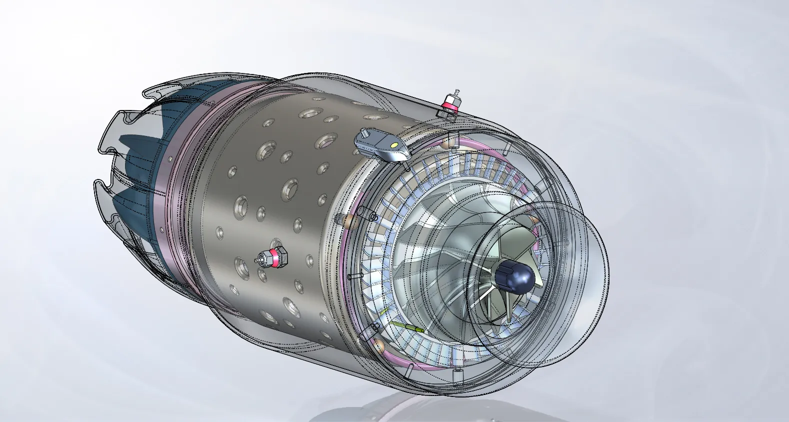 Transparent render of the turbojet showing internal components through the casing